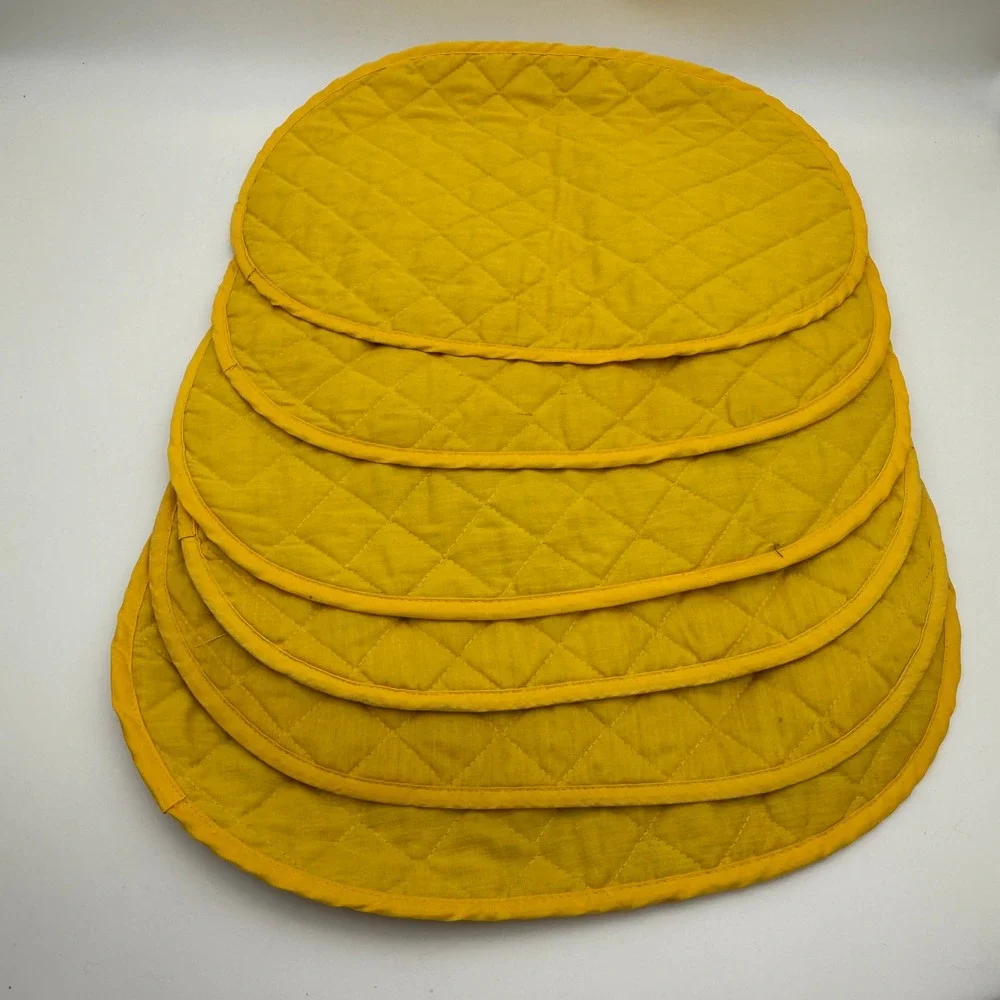 Vintage Quilted Reversible Oval Placemats Set of 6 Floral Calico Mustard Yellow